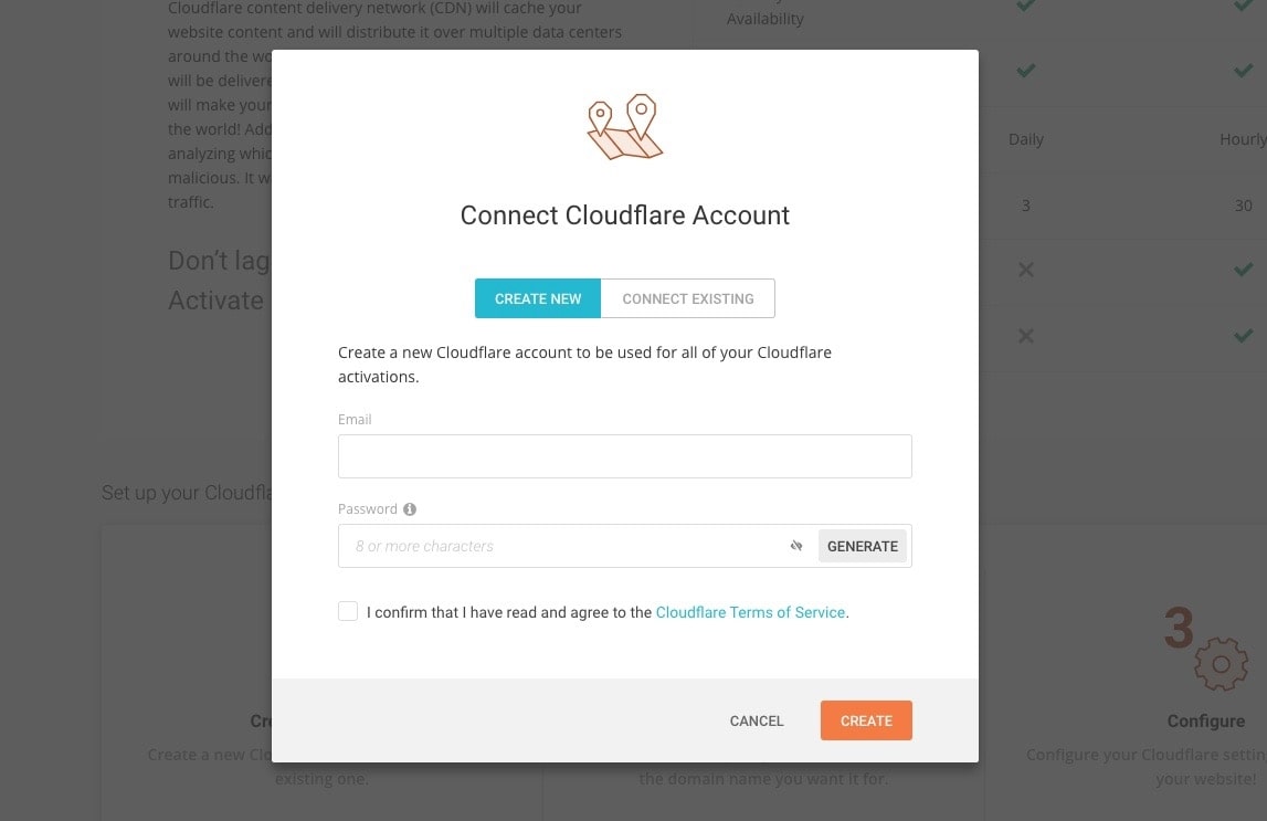 SiteGround's webpage window allowing for CloudFlare account connection