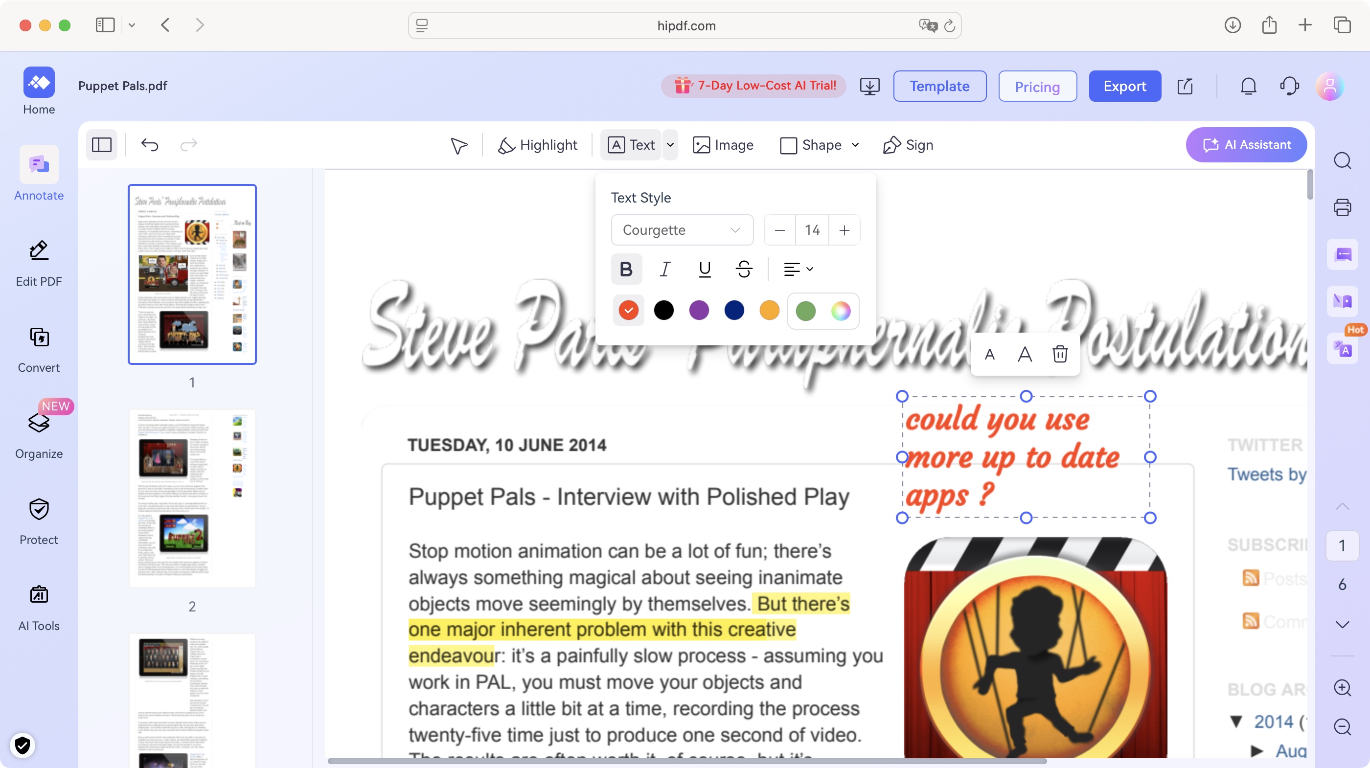 Wondershare HiPDF PDF editor during our review
