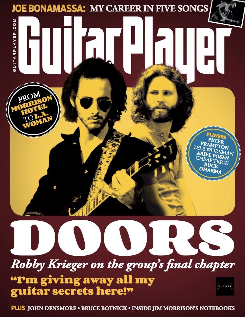 Robby Krieger (left) and Jim Morrison adorn the cover of Guitar Player&#039;s June 2021 issue