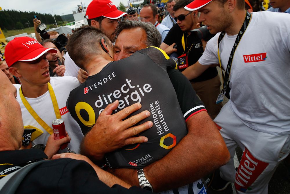 Lillian Calmejane celebrates winning stage 8 at the Tour de France