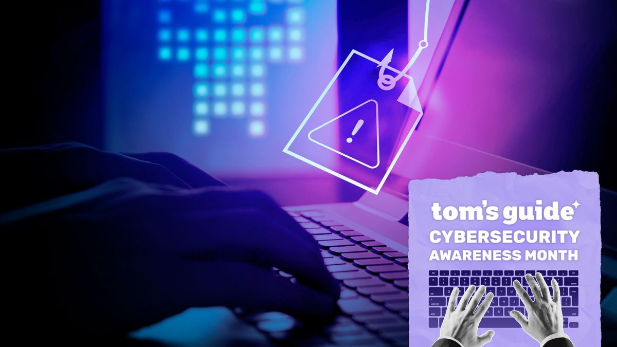 A person typing on a laptop with phishing depicted and a Tom's Guide Cybersecurity Awareness Month badge on top