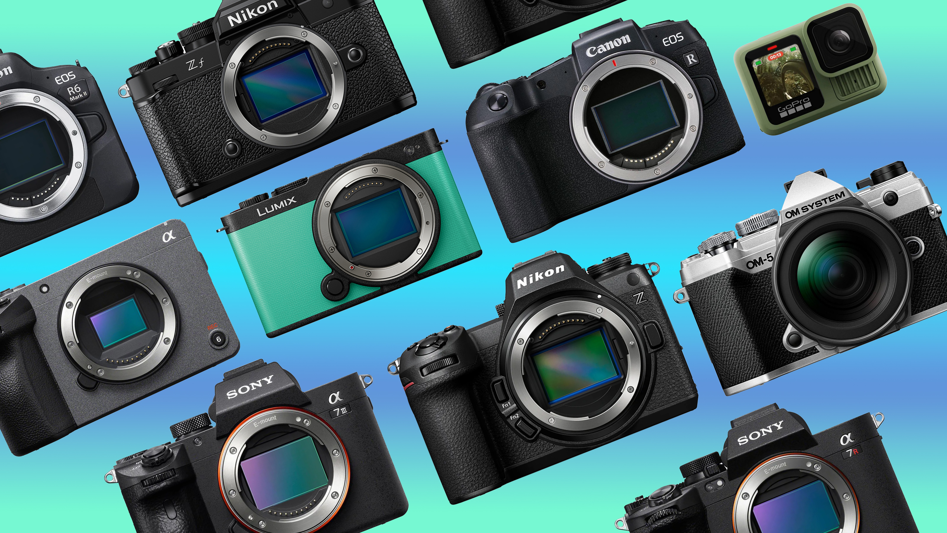 A variety of cameras on a colorful background