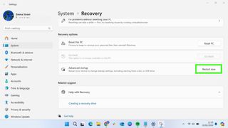 Screenshot showing how to check the CPU temperature in Windows - Open settings > system > recovery