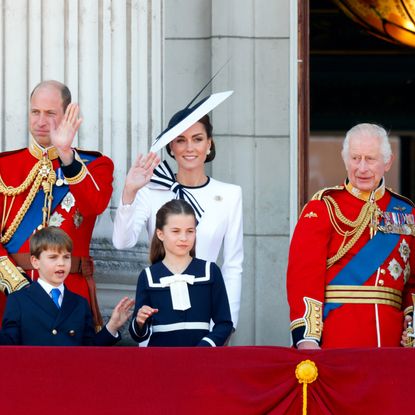 Prince Louis, Princess Charlotte, Prince William, Princess Kate, King Charles waving on the Buckingham Palace balcony during Trooping the Colour