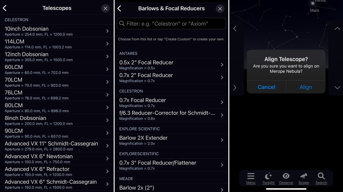 Screens showing details of telescope controls, including a list of Celestron telescopes to connect to.