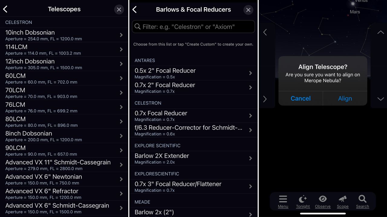 Screens showing details of telescope controls, including a list of Celestron telescopes to connect to.