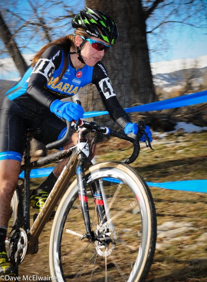 Kaitie Antonneau (Marian) leading at the end of lap one
