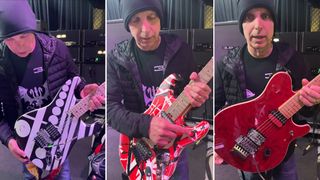 Joe Satriani with three of his Best Of All Worlds electric guitars