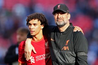 Jurgen Klopp celebrates with Trent Alexander-Arnold after Liverpool's win over Manchester City in the FA Cup semi-finals in April 2022.