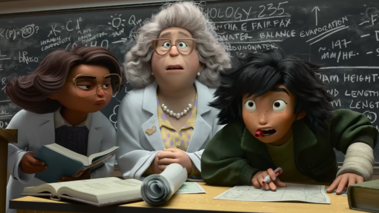 One professor looking to her left, one looking forward and Mabel pointing at a map with a cap in her mouth.