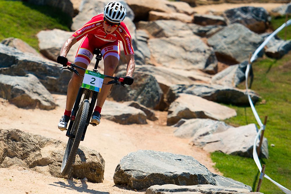 Annika Langvad tests out the rock garden in the Olympic Games mountain bike venue