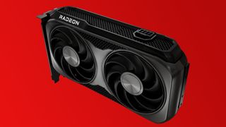 The AMD Radeon RX 9060 XT graphics card on a red gradient background