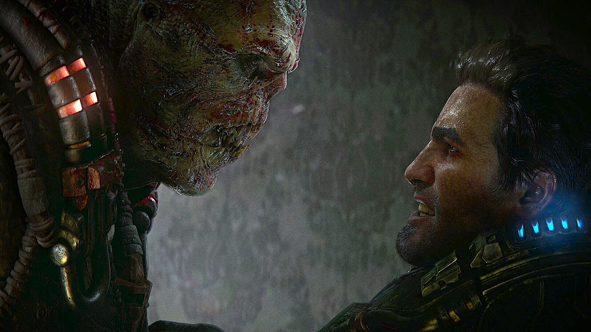 A man in futuristic armor faces a menacing, heavily scarred alien creature. The tense encounter is lit with glowing red and blue accents, conveying intensity.