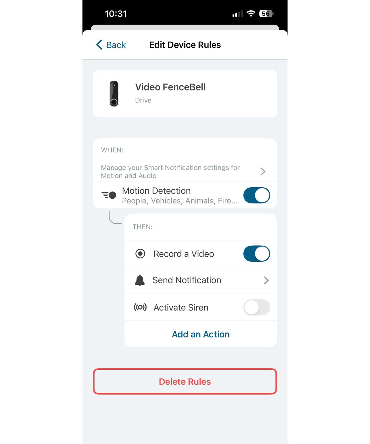 Screenshot of the Arlo Secure app showing settings and features