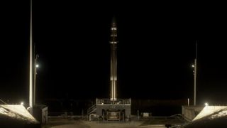 A Rocket Lab Electron booster frosting over during fueling for "Owl The Way Up" mission