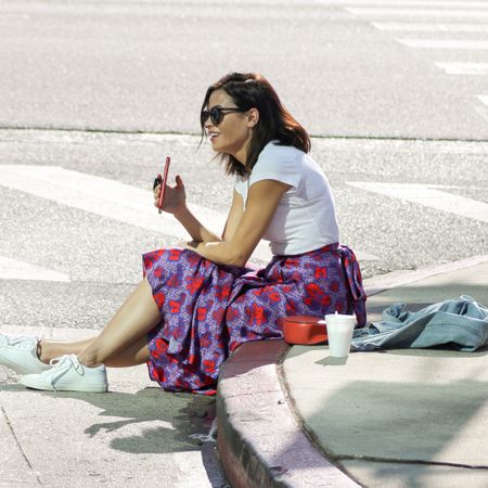 White, Photograph, Eyewear, Sitting, Sunglasses, Beauty, Glasses, Leg, Street fashion, Snapshot, 