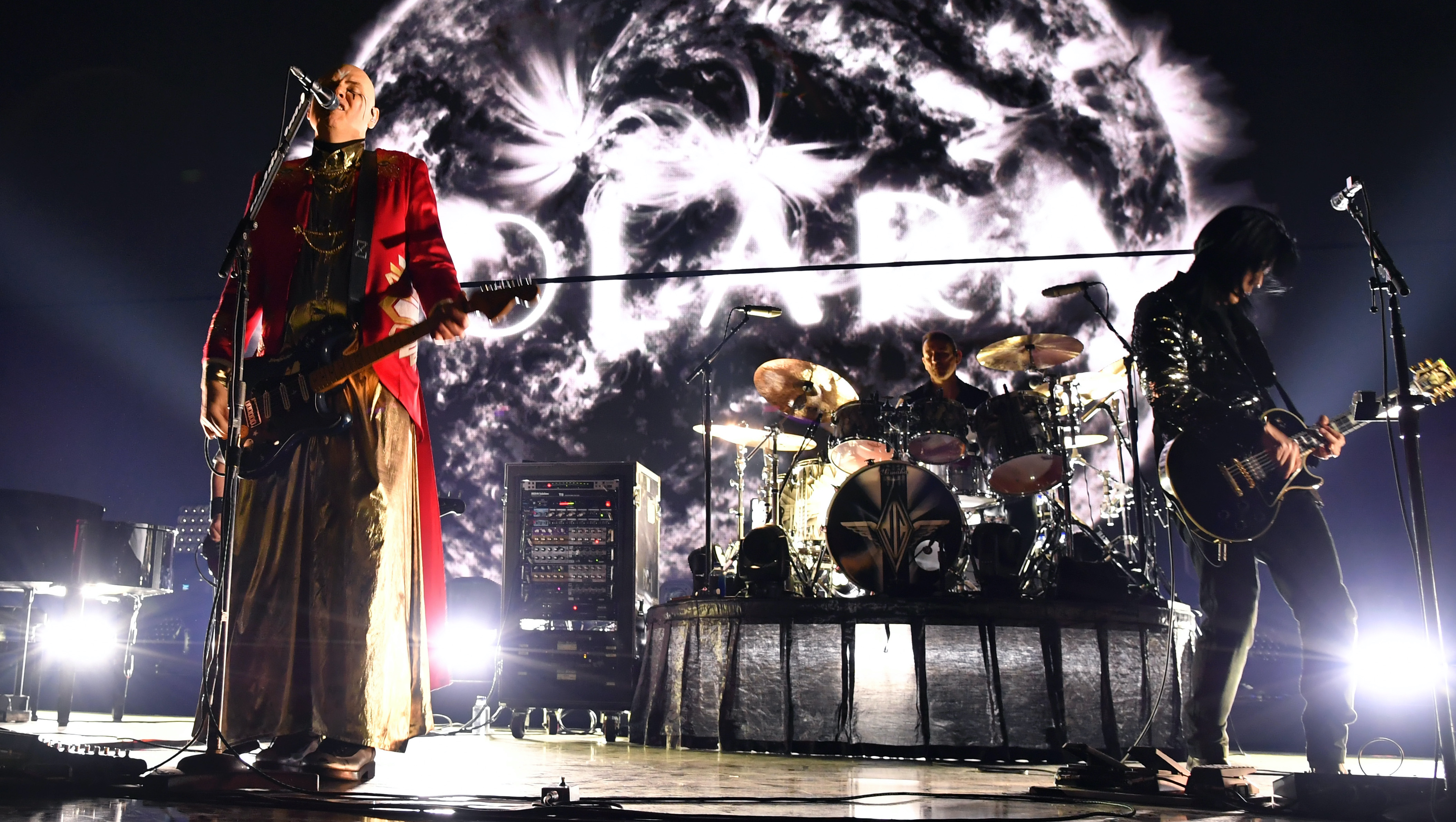 Billy Corgan and James Iha of The Smashing Pumpkins perform onstage during KROQ Absolut Almost Acoustic Christmas 2018 at The Forum on December 8, 2018 in Inglewood, California