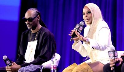 Snoop Dogg and Mary J. Blige speak during the Pepsi Super Bowl LVI Halftime Show Press Conference at Los Angeles Convention Center on February 10, 2022 in Los Angeles, California. Super Bowl halftime performers 2022