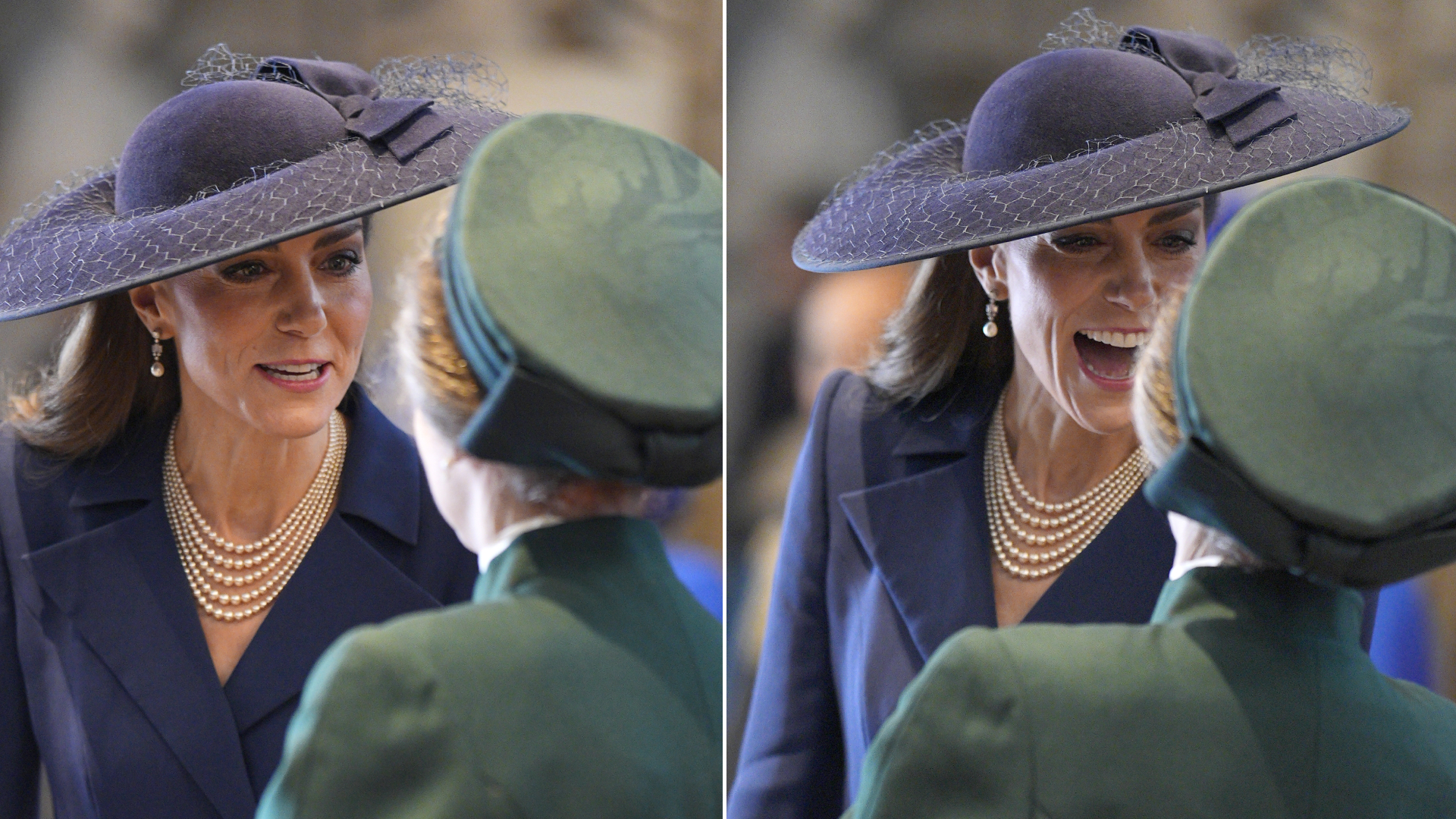 Kate Middleton wears a big blue hat and speaks with Princess Anne during the 2026 Commonwealth Day Service at Westminster Abbey on March 9, 2026 in London, England