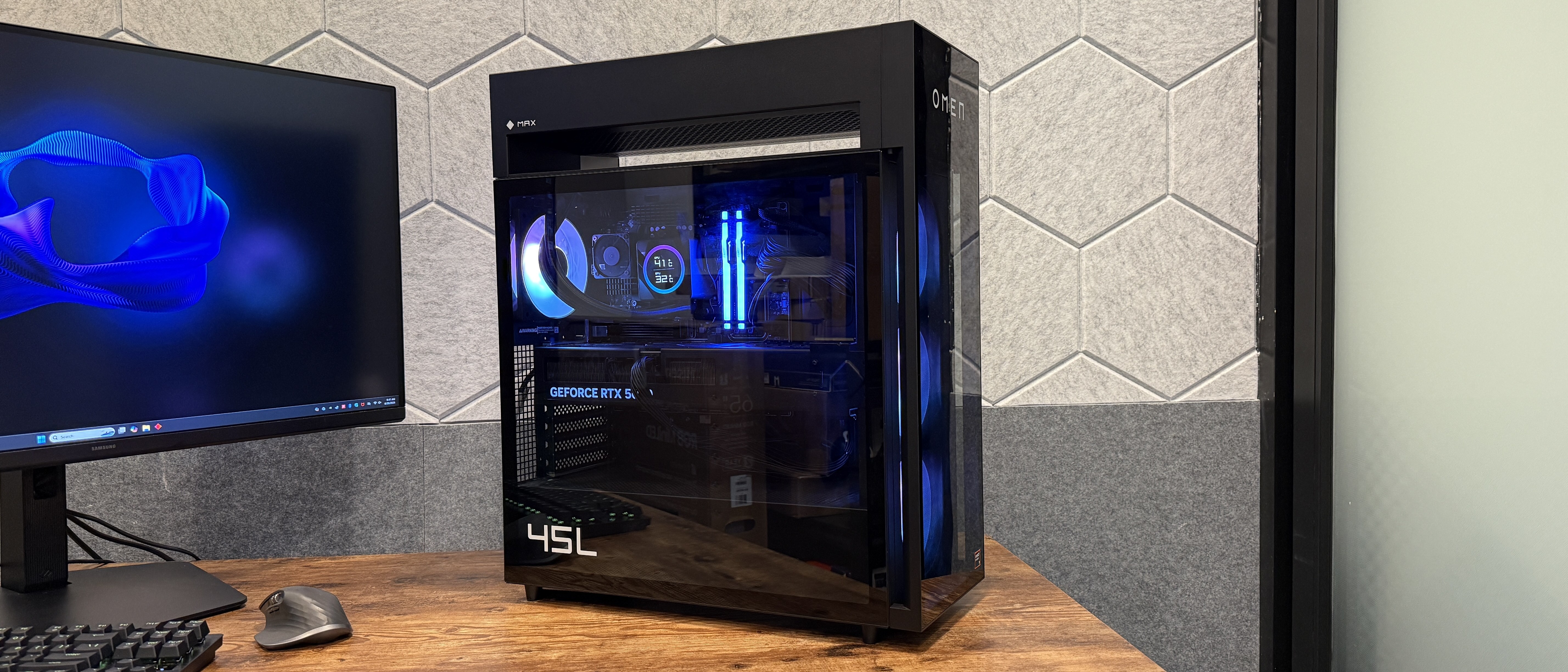 The HP Omen Max 45L gaming PC on a desk