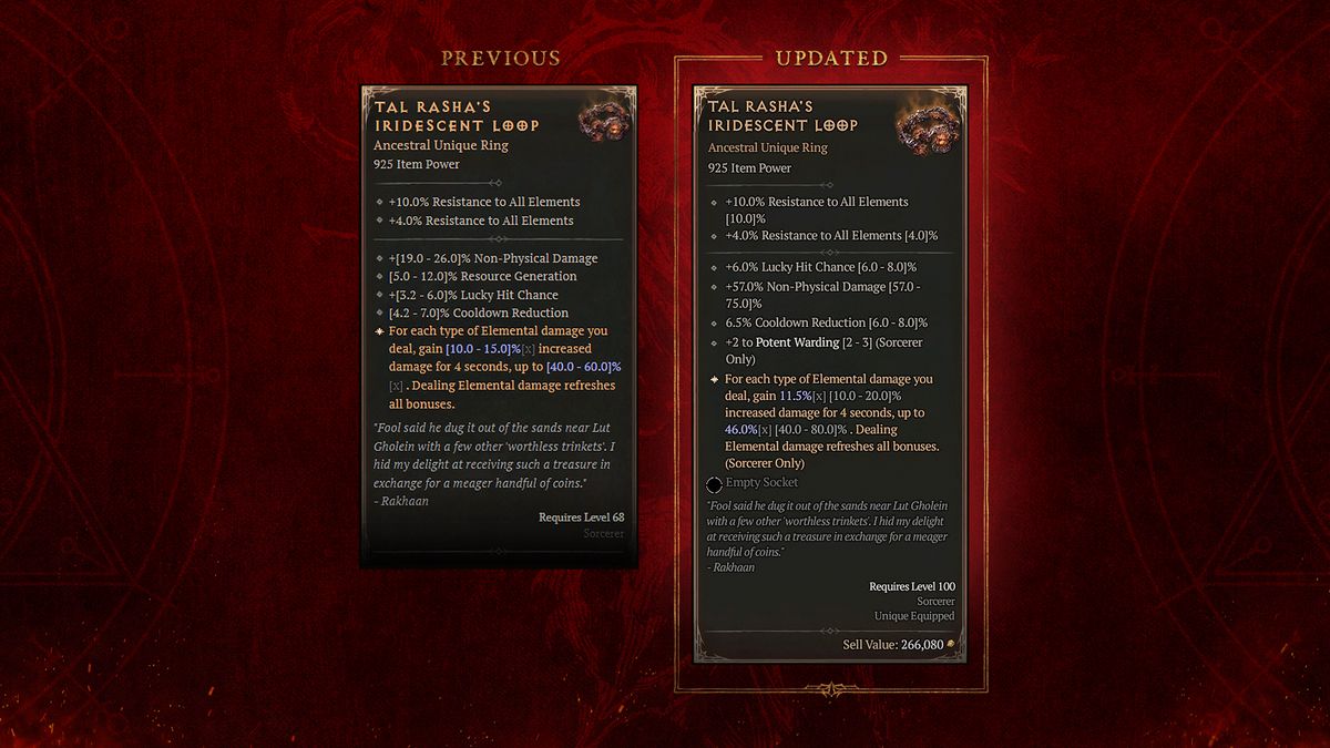 A comparison graphic of two Diablo 4 sorceress unique rings on a red background