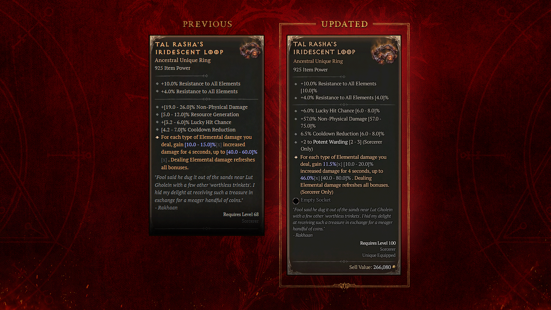 A comparison graphic of two Diablo 4 sorceress unique rings on a red background