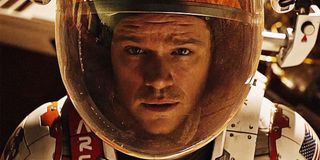 Mark Watney stares into the camera while wearing a space suit in 'The Martian'