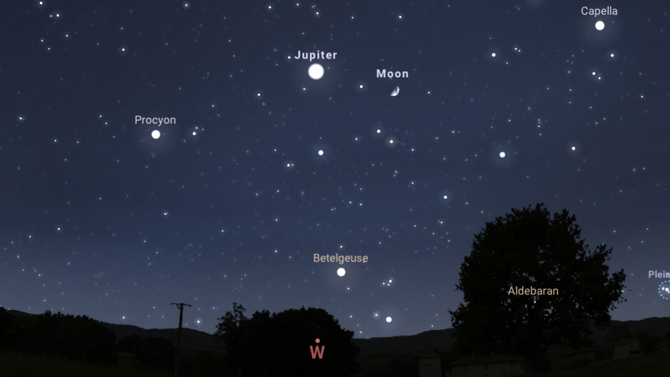 The night sky, with Jupiter, the Moon and other bodies highlighted. 