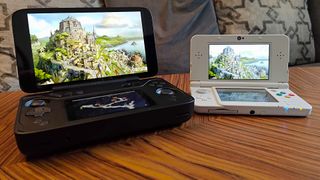 Ayaneo Flip DS next to original 3DS with both consoles playing Bravely Default