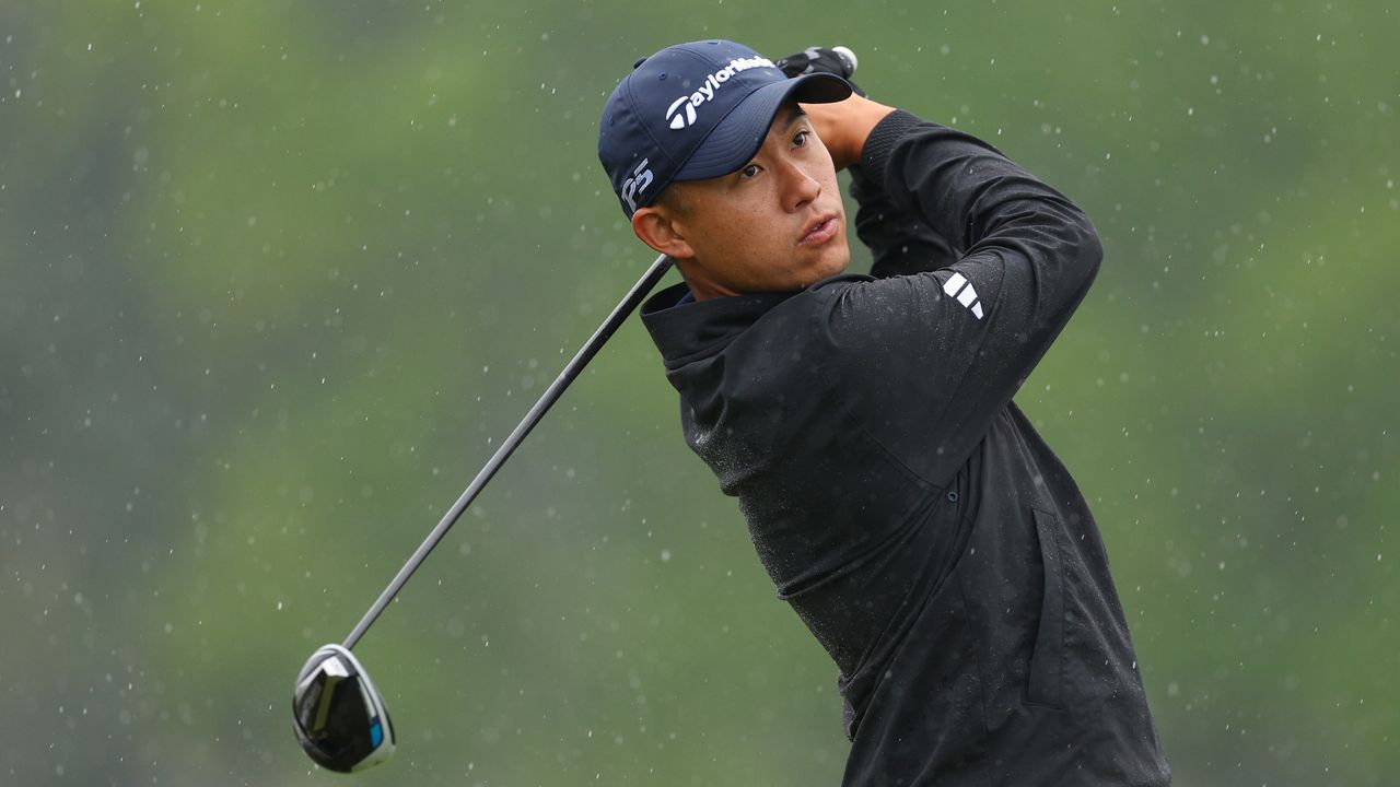 Collin Morikawa plays his shot from the ninth tee during the PGA Championship.