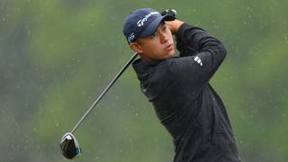 Collin Morikawa plays his shot from the ninth tee during the PGA Championship.