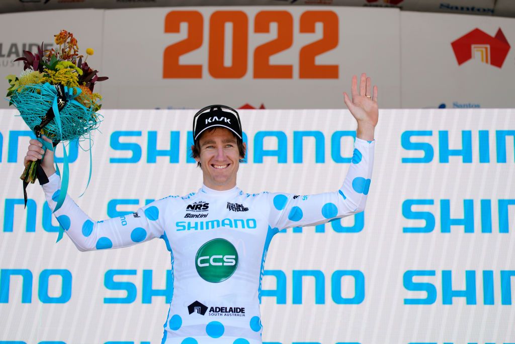 LOBETHAL AUSTRALIA JANUARY 27 Ben Hill of Australia and Team CCS Cycling celebrates at podium winning the polka dot mountain jersey during the 2nd Santos Festival Of Cycling 2022 Mens Elite Stage 1 a 1142km stage from Stirling to Lobethal TourDownUnder on January 27 2022 in Lobethal Australia Photo by Daniel KaliszGetty Images