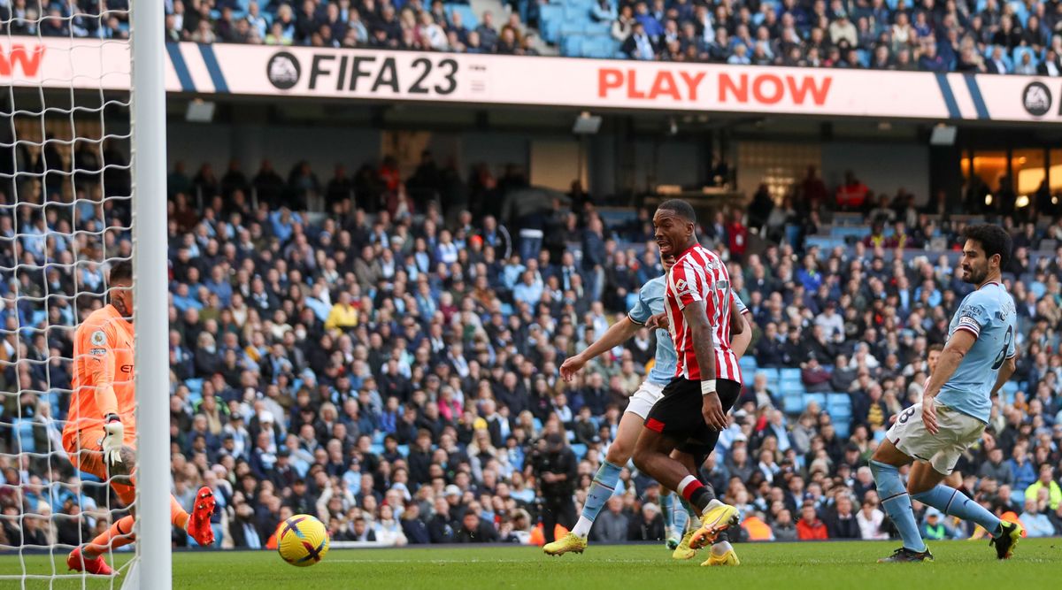 Brentford striker Ivan Toney scores his team&#039;s winning goal in the Premier League match between Manchester City and Brentford on 12 November, 2022 at the Etihad Stadium, Manchester, United Kingdom