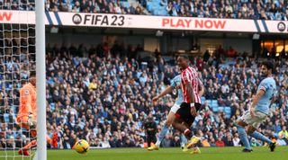 Brentford striker Ivan Toney scores his team's winning goal in the Premier League match between Manchester City and Brentford on 12 November, 2022 at the Etihad Stadium, Manchester, United Kingdom