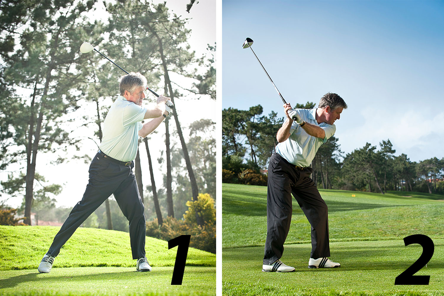 Two images of Andrew Reynolds side-by-side, on the left he is demonstrating a drill to fix a slice where you widen your stance significantly, and on the right he is demonstrating a drill to fix a slice where you pull your trail foot back to promote a draw-biased path
