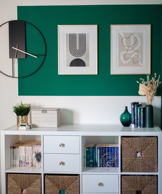 IKEA KALLAX with gold handles in a green painted room