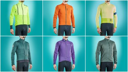 Male cyclist wearing 6 different winter cycling jackets that he has tested