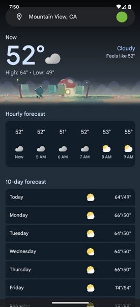 The alleged Material You redesign for Google Weather on Android.