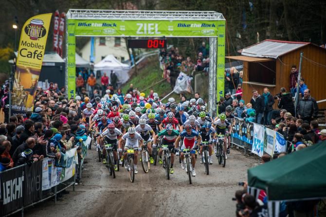 The start of the elite men's race at Bike the Rock