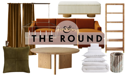 Quince home decor, including a leather cushion cover, velvet drapes, chandelier, oak coffee table, velvet sectional, storage bench, scallop-edge sheet set, rattan bookshelf, and marble wine holder.