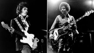 Jimi HENDRIX; performing live onstage, playing white Fender Stratocaster guitar. Billy Cox performs with the Jimi Hendrix Experience at the Isle of Wight Festival, August 1970