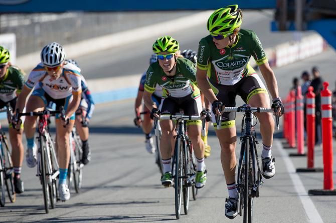 Jamie Bookwalter takes a look at the pack as she launches a last-lap attack in the women's pro race at the Sea Otter Classic.