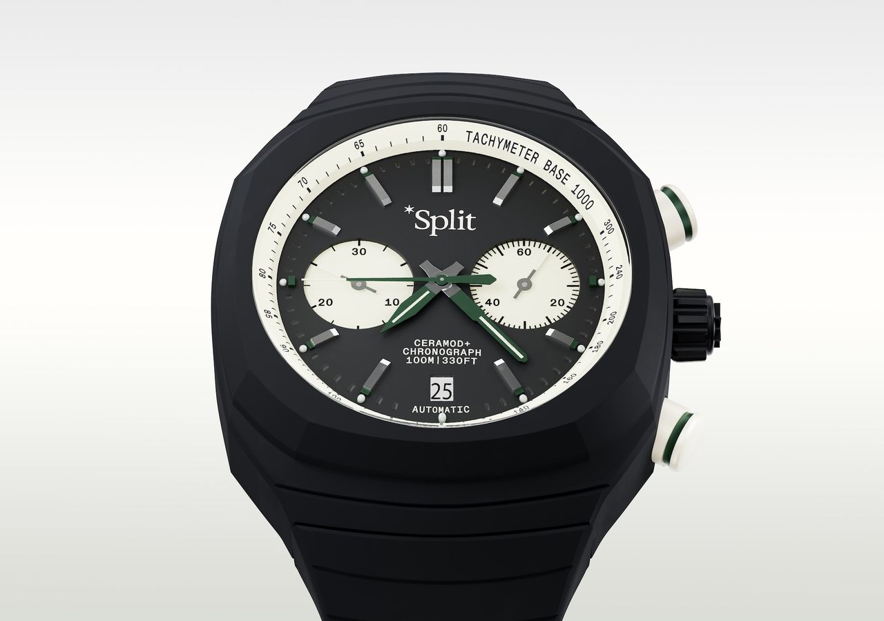 Split Watches in each colour, including black, cream and blue as well. Showing off the front and back for each colour
