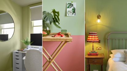 Three different rooms using the pistachio green colour trend