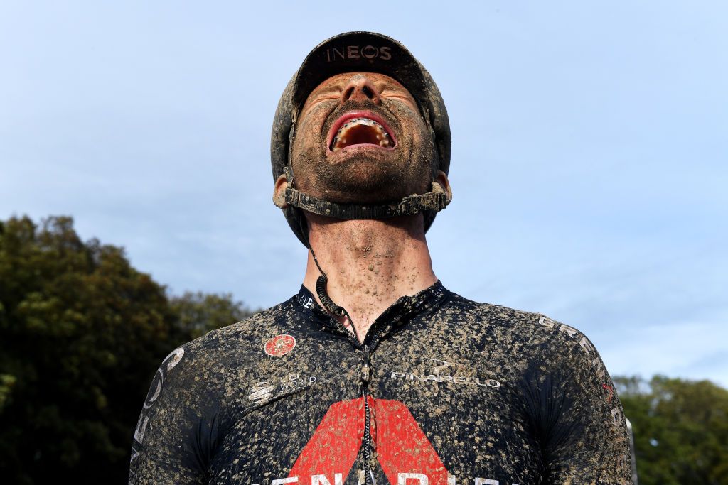 ROUBAIX FRANCE OCTOBER 03 Michal Golas of Poland and Team INEOS Grenadiers covered in mud after the 118th ParisRoubaix 2021 Mens Eilte a 2577km race from Compigne to Roubaix ParisRoubaix on October 03 2021 in Roubaix France Photo by Tim de WaeleGetty Images