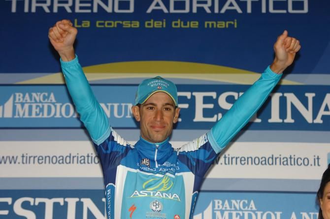 Vincenzo Nibali (Astana) celebrates his second straight GC victory at Tirreno-Adriatico.