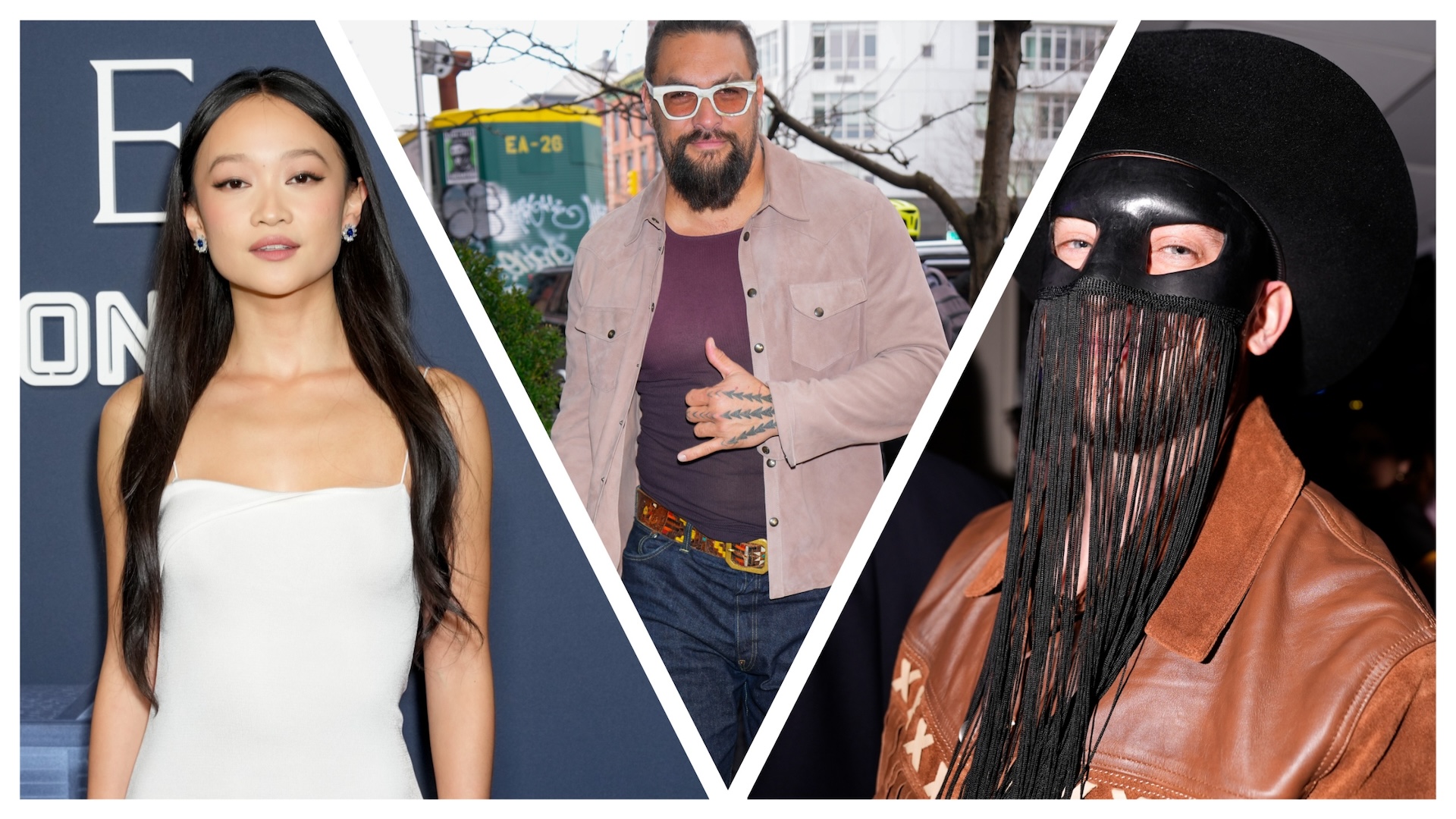 Three actors on a sliced photo featuring on the left Callina Liang, in the middle Jason Mamoa and on the right Orville Peck 