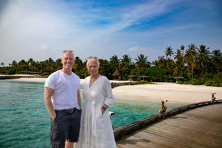 Monica Galetti and Rob Rinder on the beach at Joali Maldives.