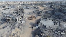 KHAN YUNIS, GAZA - OCTOBER 28: Palestinians try to clear the remains of buildings destroyed by Israeli attacks with limited resources i Khan Yunis, Gaza on October 28, 2025.