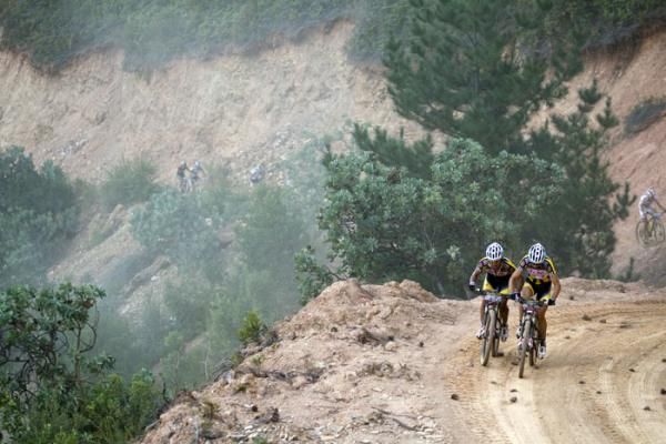 Stage winners and overall leaders Burry Stander and Christoph Sauser of 36One Songo Specialized during stage 1 of the 2011 Absa Cape Epic Mountain Bike stage race held from Saronsberg Wine Estate in Tulbagh, South Africa on the 28 March 2011
